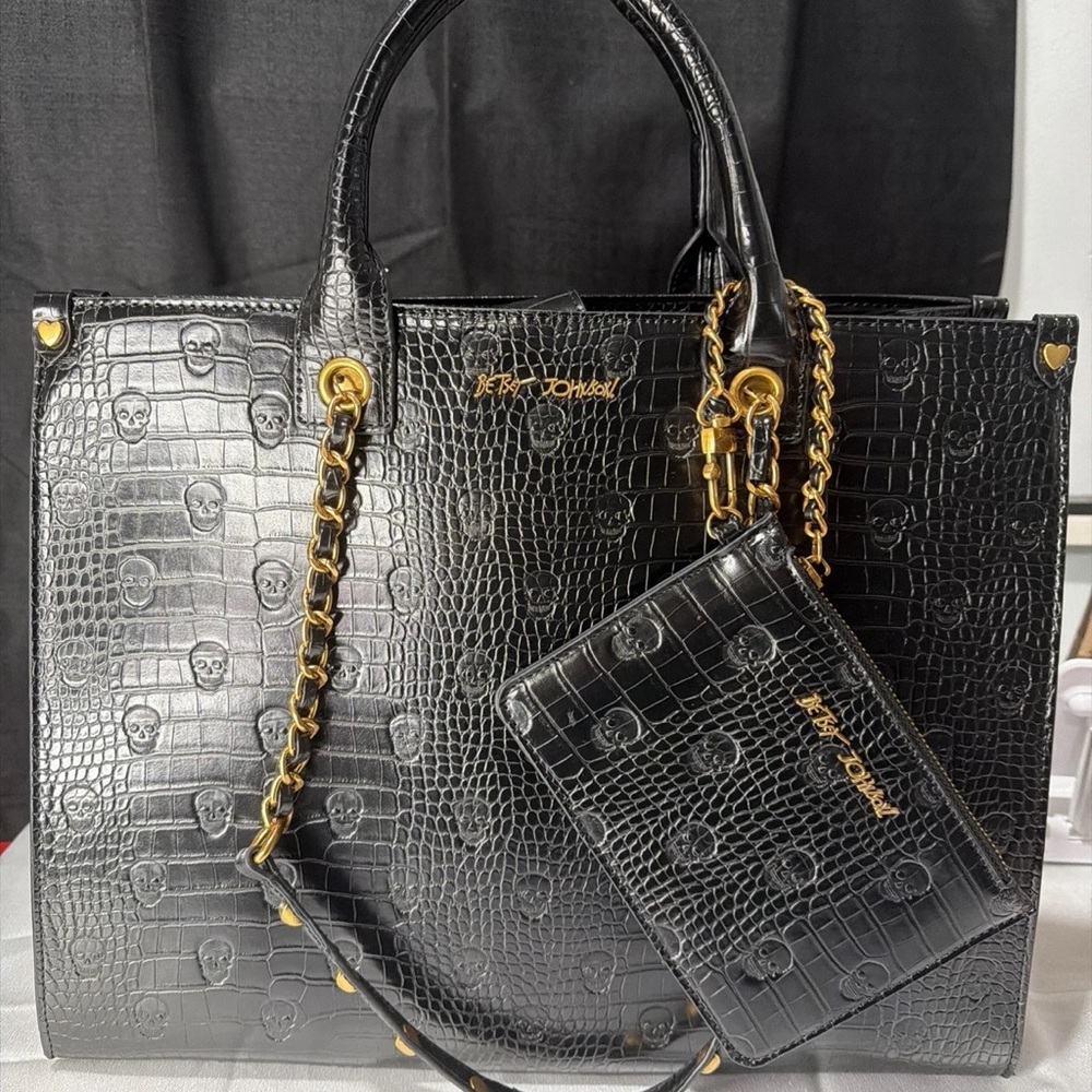 Betsey Johnson Black Croc-Embossed Tote with Gold Chain Accents - Picture 11 of 11